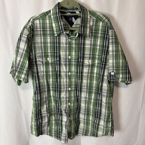 Tommy Hilfiger Men’s Large Short Sleeve Button Down Shirt Green Blue Plaid Prep